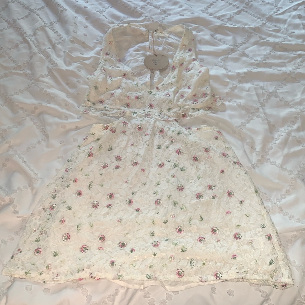 White Lace Mini Dress with Floral and Cut Out Details